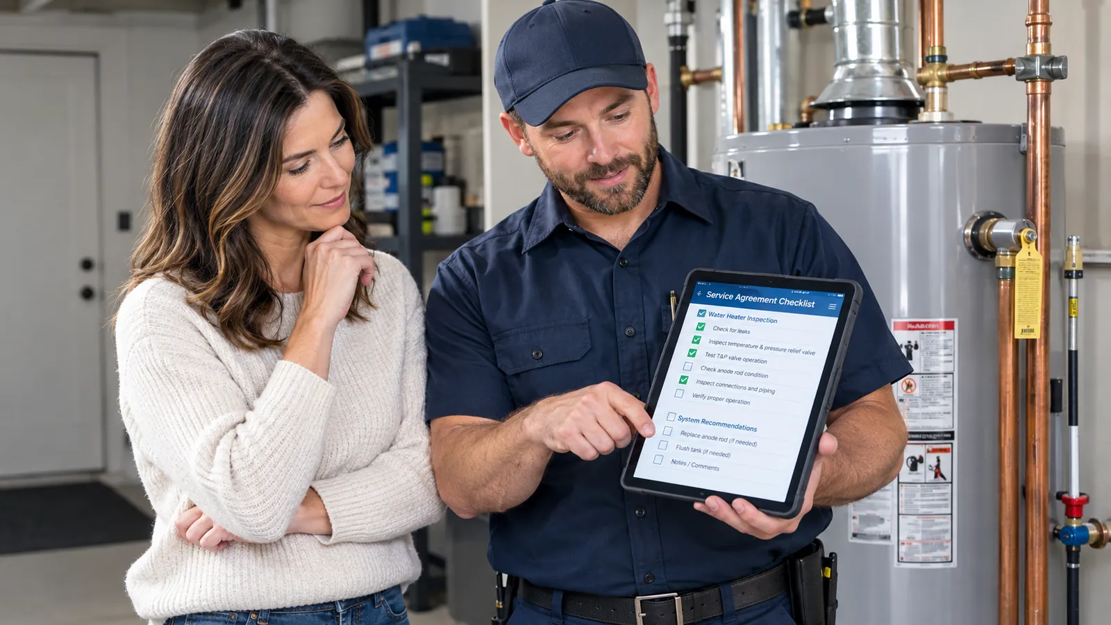 A plumbing technician reviews service records to identify potential maintenance agreement customers.