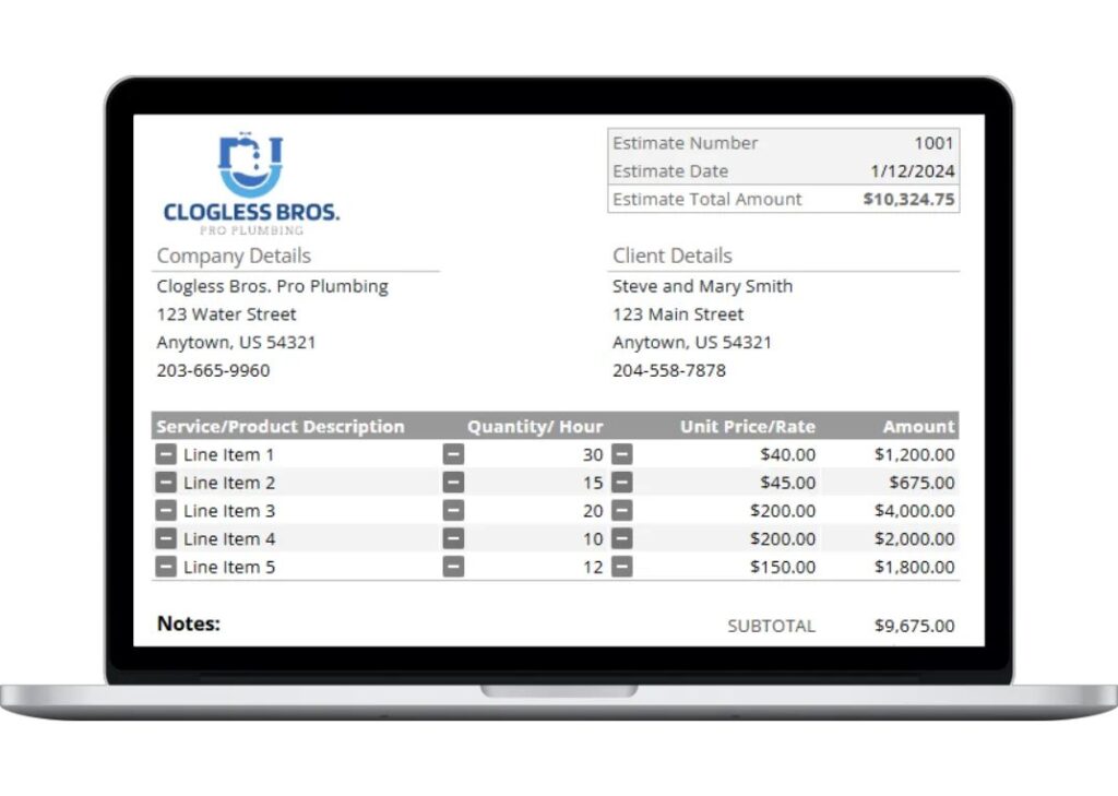 A professional plumber drafting a clear and winning plumbing estimate on a laptop.