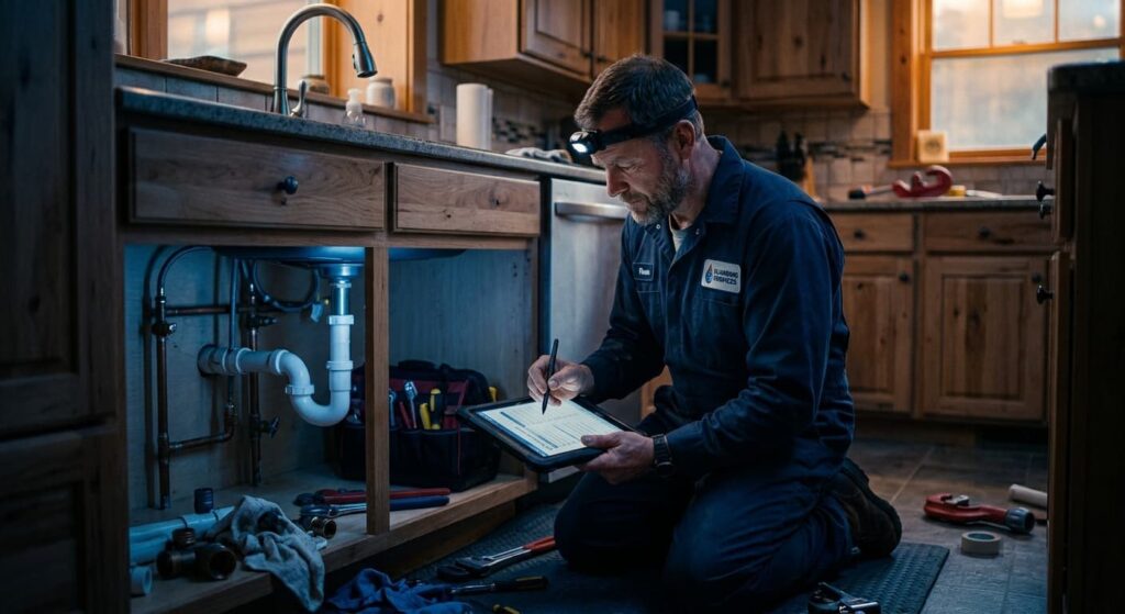 A professional plumber reviewing digital pricing data on a tablet in a kitchen.