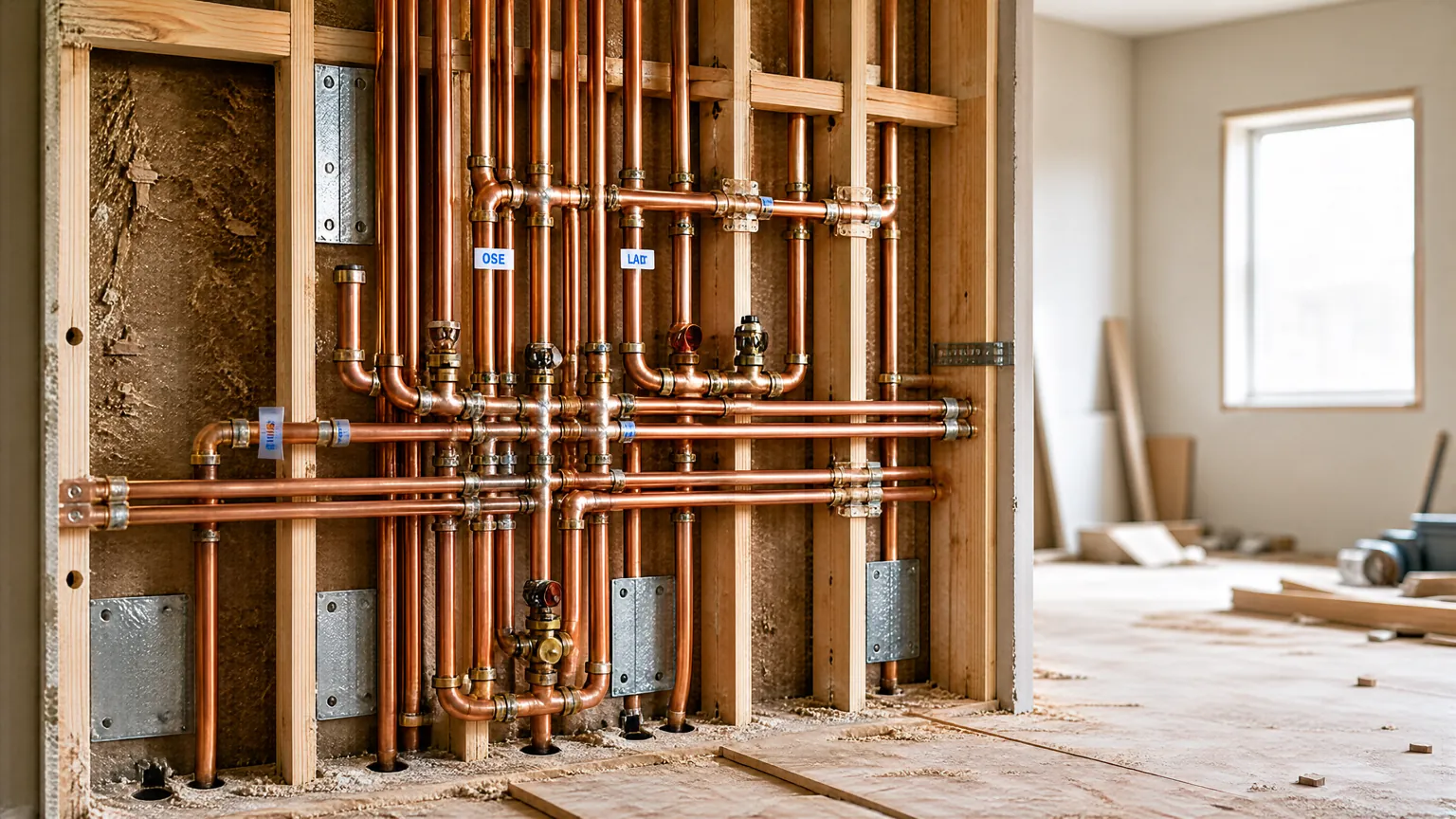 Complex copper repiping inside an open wall during a major plumbing project.
