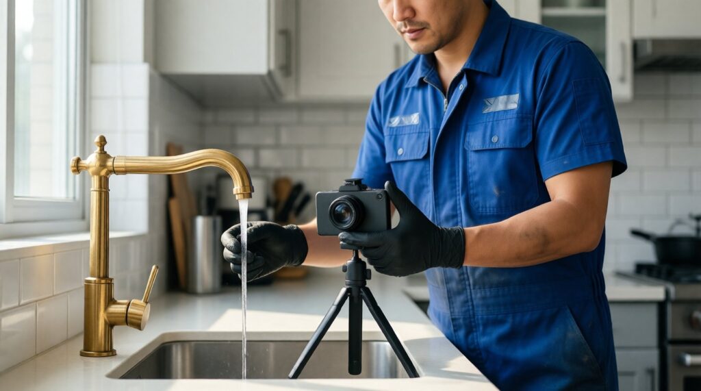 Plumber filming a kitchen faucet repair video for social media content creation.