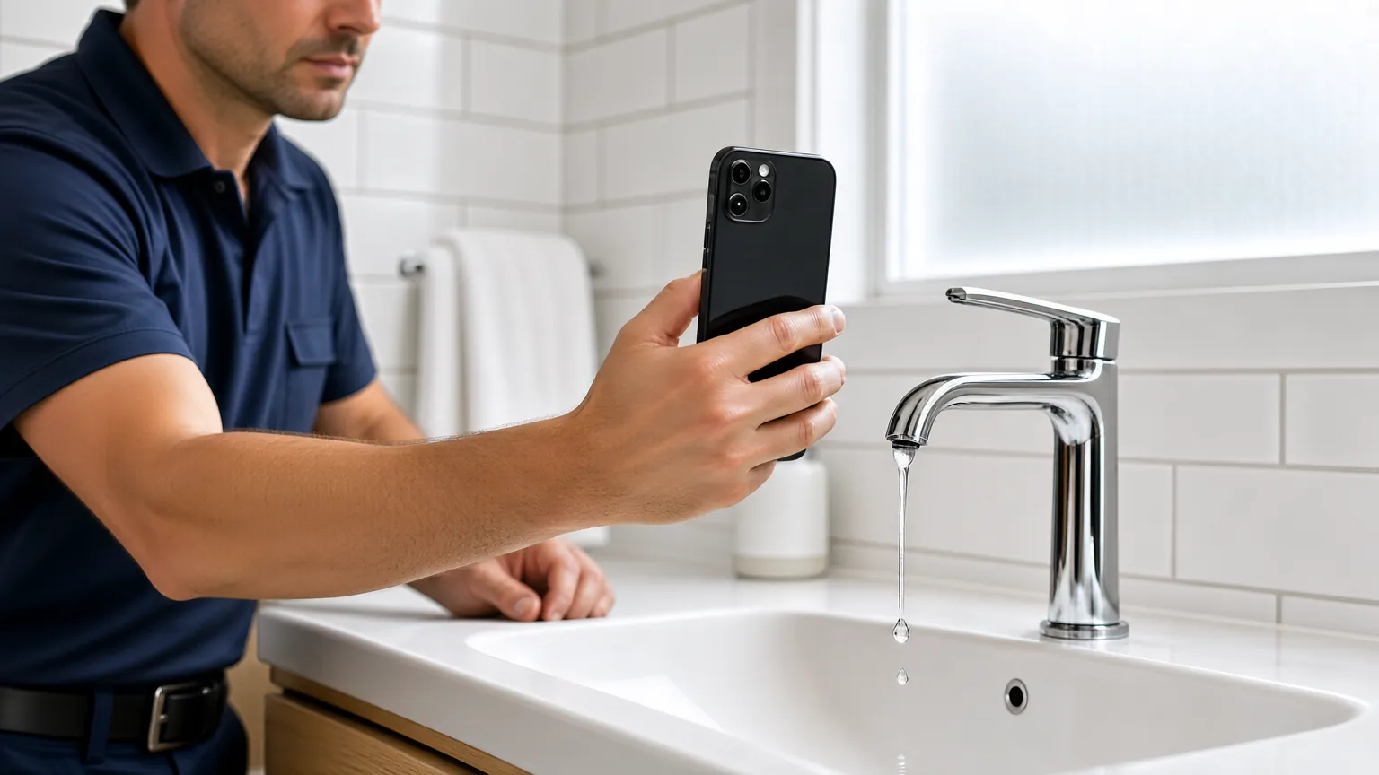 Plumber recording a short video of a dripping bathroom sink faucet.