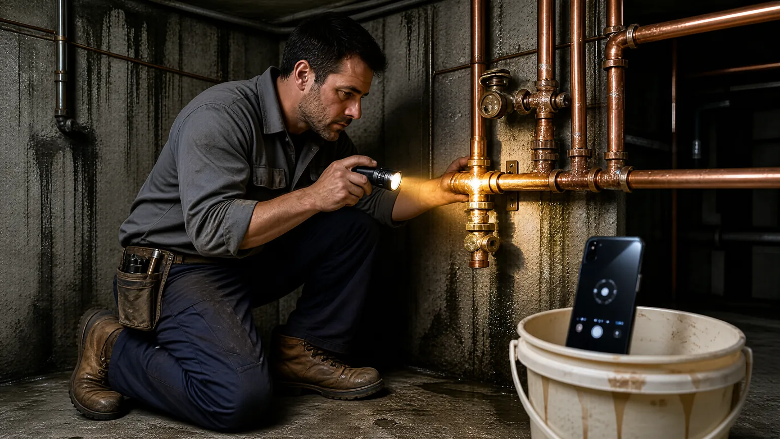 Plumber using a flashlight to film copper pipes in a dark basement.
